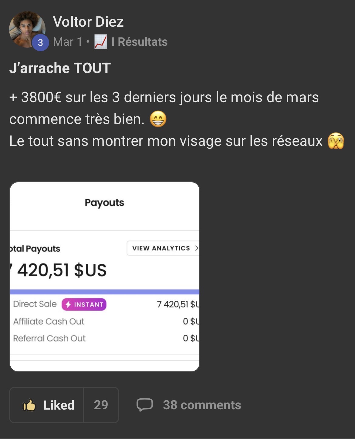 Témoignage Voltor Diez — +3 800 € en 3 jours — 7 420 $ total
