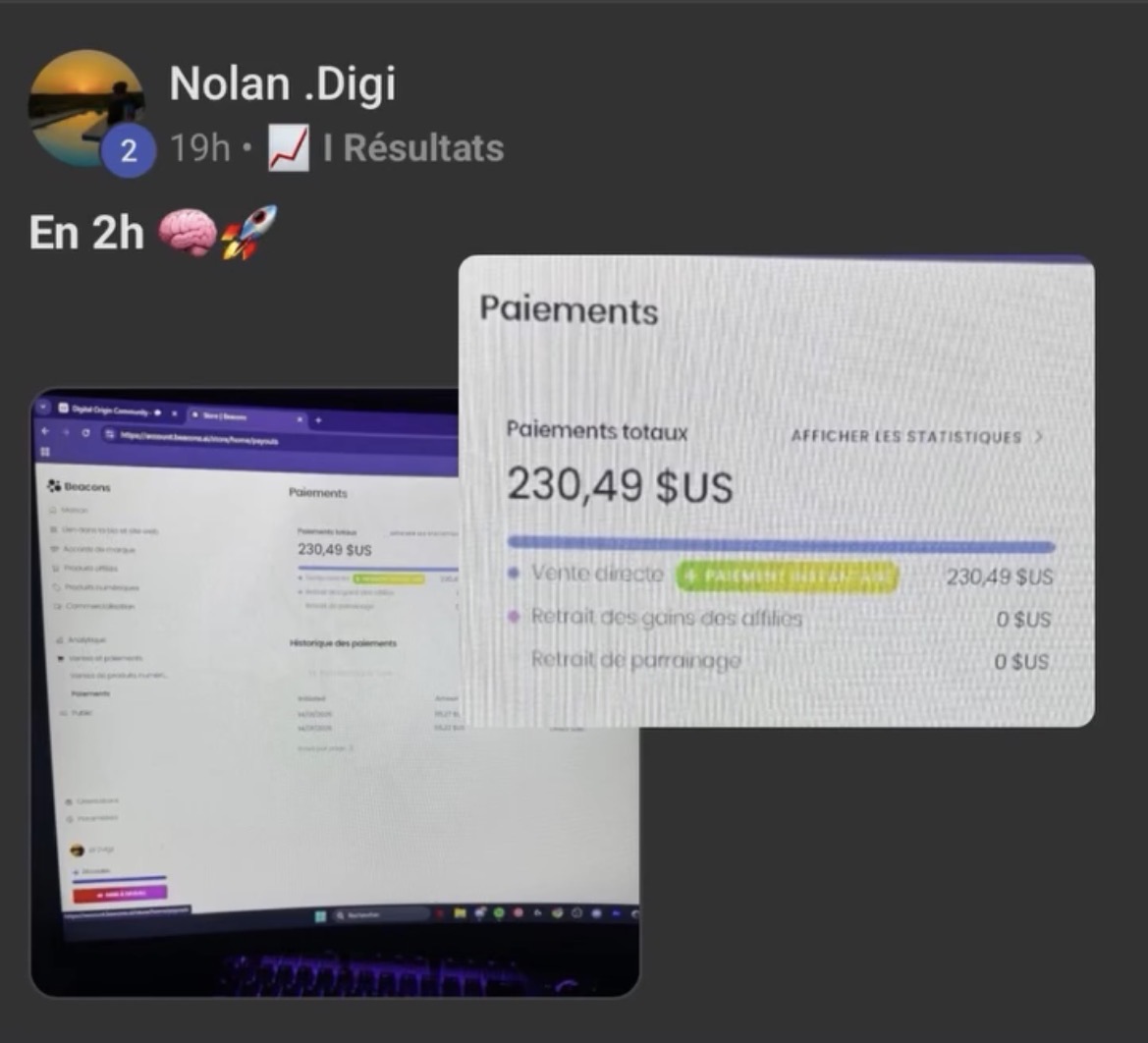 Témoignage Nolan .Digi — 230,49 $ en 2h
