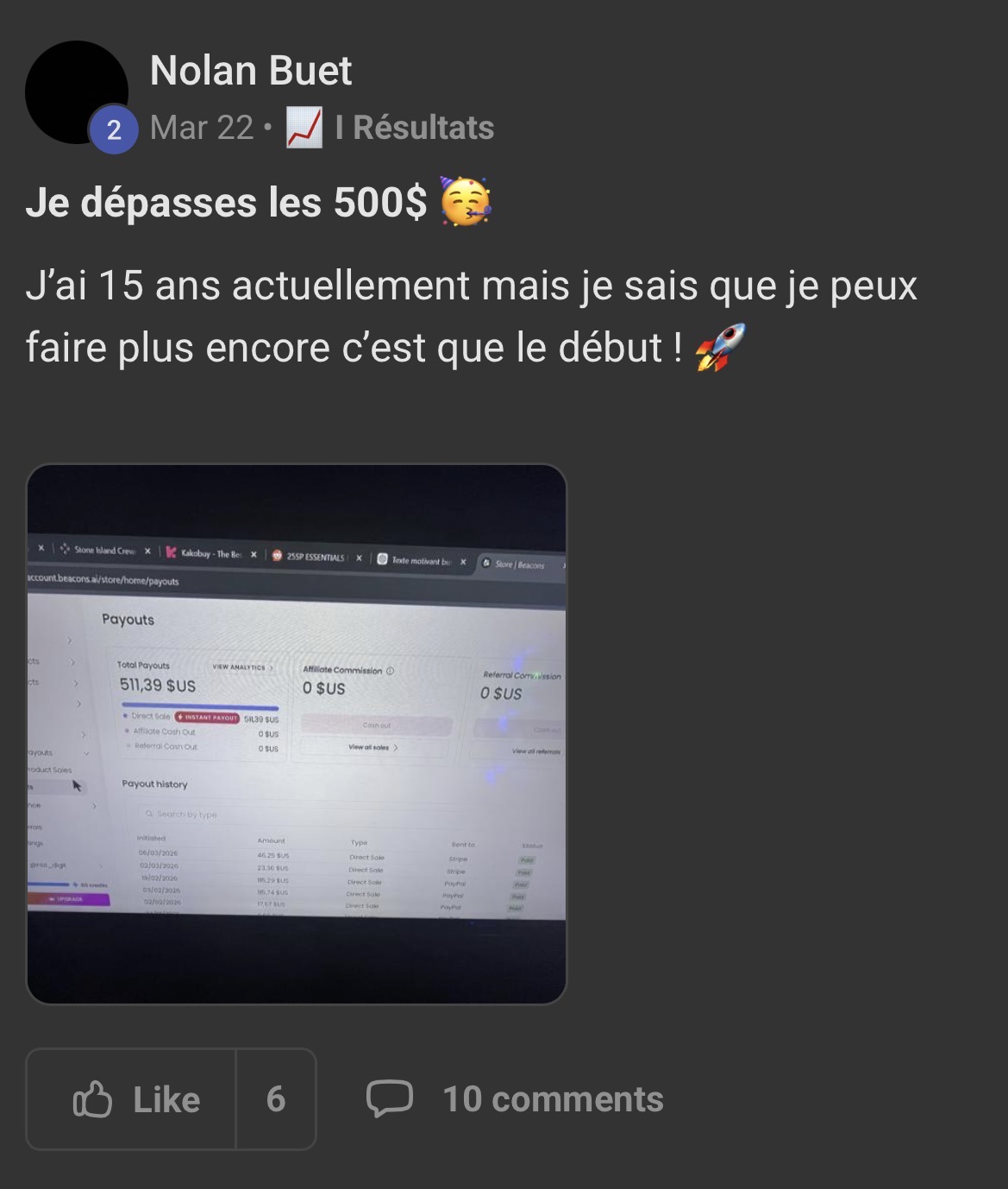 Témoignage Nolan Buet — Dépasse les 500 $ — à 15 ans